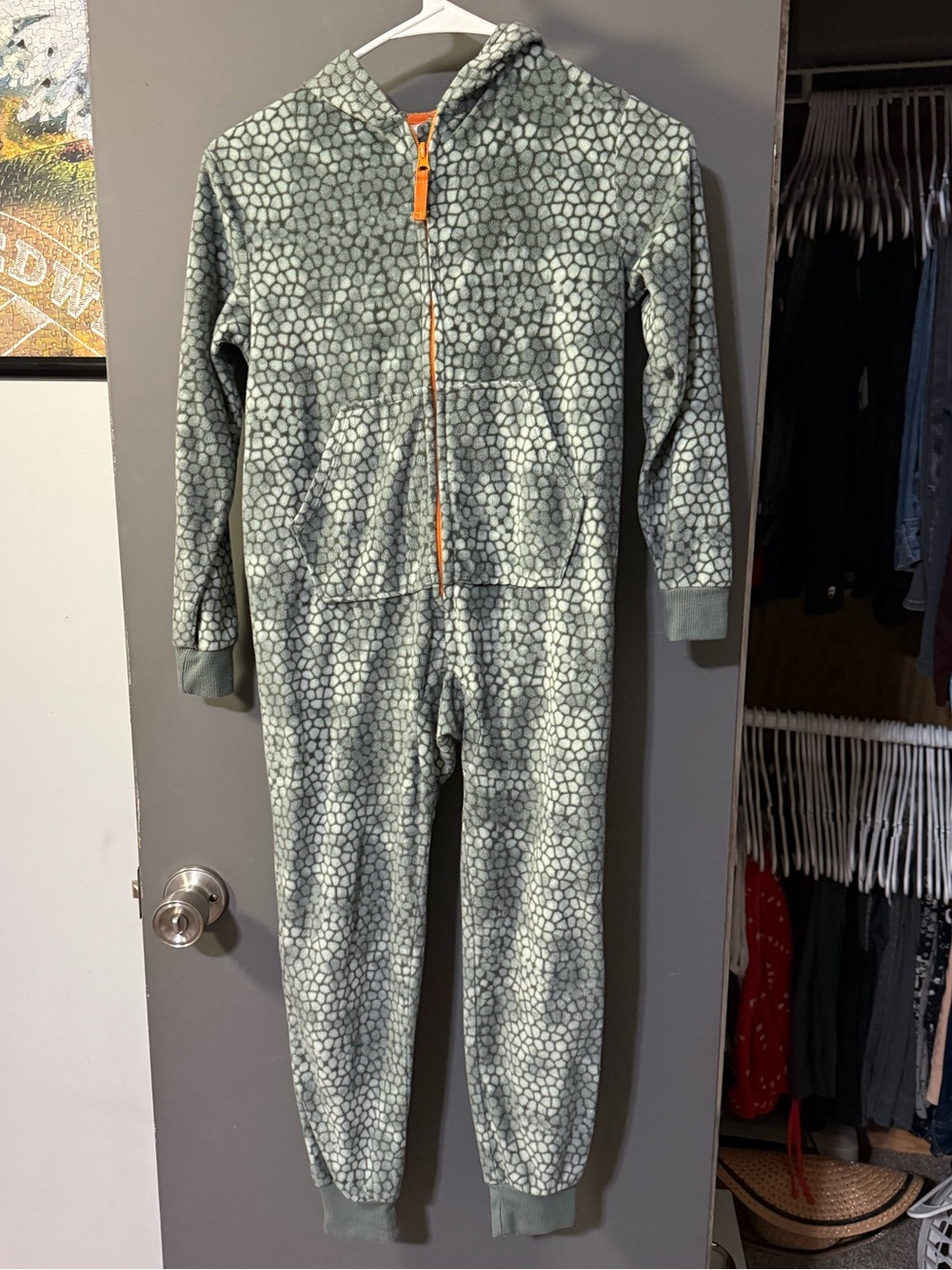 Cat & Jack Dinosaur Green Print Pajamas One-Piece with Orange Zipper